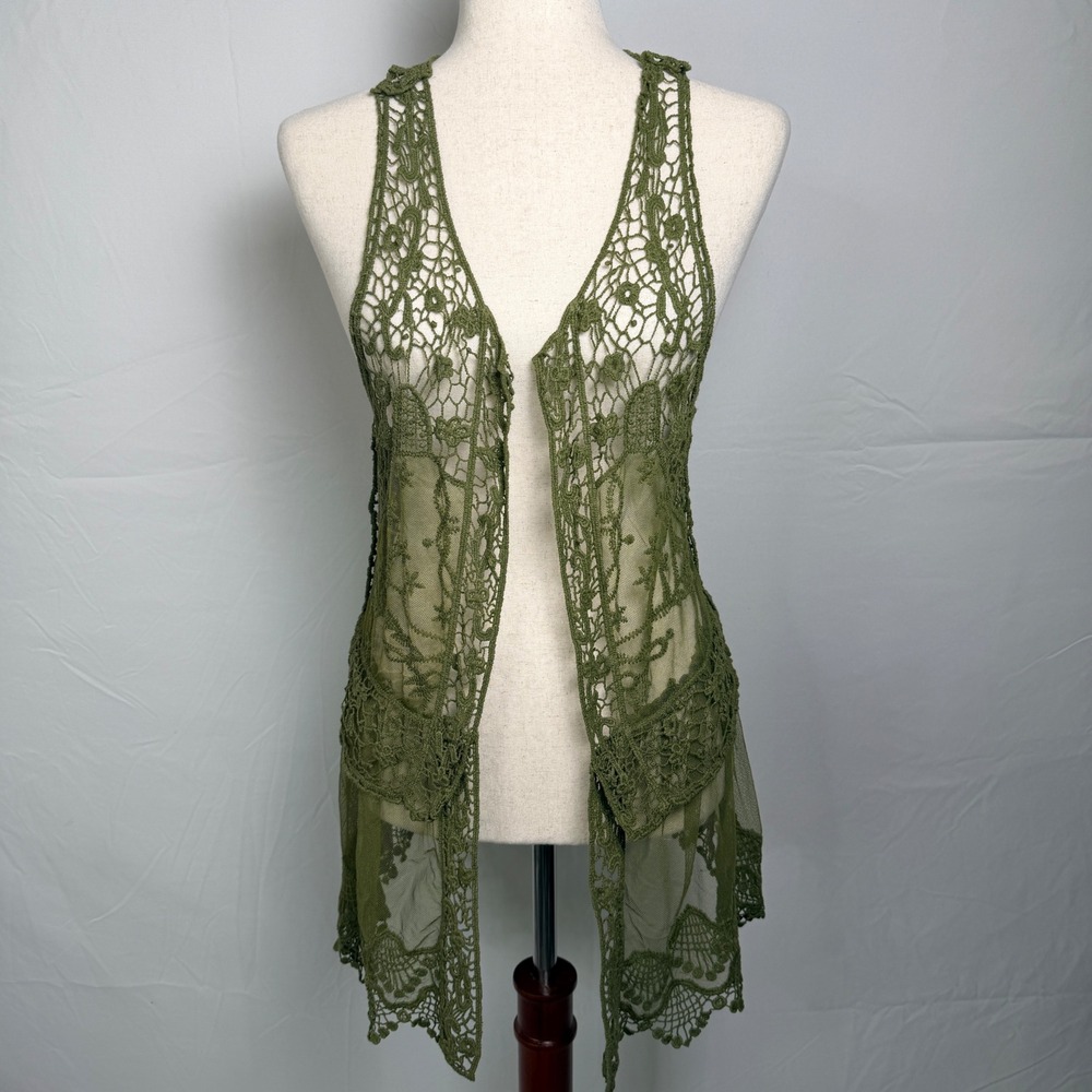 Womens Olive Green Crochet Lace Mesh Vest Boho Floral Embroidered  fairy,